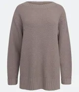 Suéter largo de punto texturizado color gris topo, con cuello redondo y mangas largas.