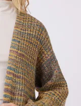 Cárdigan largo multicolor de tejido melange, sin botones, con puños ajustados que crean un efecto de manga abullonada.