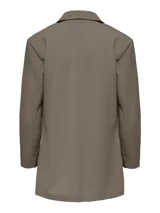 Blazer largo de punto elástico marca JDY, color beige, con cuello de solapas y diseño abierto sin botones.