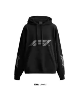 Canguro negro con capucha y cordones, con logo de Fórmula 1 estampado en el pecho y en las mangas, estilo desgastado.