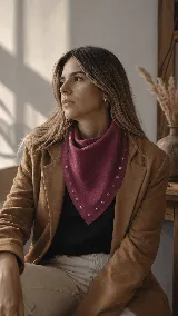 Bandana triangular de cuero color bordó, con detalle de tachas metálicas doradas en todo el borde. Diseño versátil para usar como accesorio de cuello.