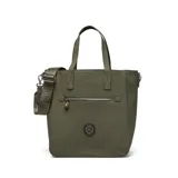 Cartera tipo tote color verde militar, con diseño funcional para transportar termo y mate. Cuenta con doble asa fija, correa regulable extraíble con logo grabado, bolsillo frontal con cierre y logo circular de la marca en la parte inferior.