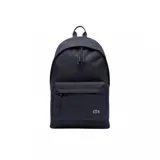 Mochila Lacoste color azul marino con bolsillo frontal con cierre y logo de la marca bordado en verde.