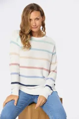 Suéter de tejido fino color azul marino con rayas horizontales en tonos pastel (rosa pálido, blanco y celeste/lila). Presenta cuello redondo y mangas largas.