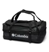 Bolso de lona Columbia Landroamer de 60 litros, color negro, con diseño versátil que permite usarlo como bolso de mano o mochila gracias a sus correas plegables. Cuenta con múltiples asas, correas de compresión, bolsillo externo con cierre y compartimento principal espacioso.