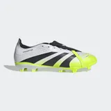 Championes de fútbol Adidas Predator League, color blanco con tres franjas negras y detalles en amarillo neón. Presentan una textura de piel de serpiente en la parte superior y una lengüeta plegable negra.
