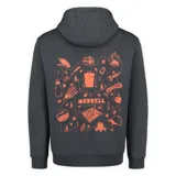 Buzo con capucha y bolsillo tipo canguro, color gris oscuro, con logo de la marca Merrell estampado en color naranja en el pecho.