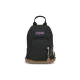 Mochila JanSport Right Pack Mini negra con base de gamuza marrón. Tiene un compartimento principal con cierre, un bolsillo frontal con cierre y un asa de mano en la parte superior.