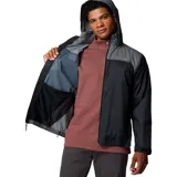 Campera impermeable Columbia modelo Glennaker Lake Jkt Omni-Shield, en color negro y gris, con capucha ajustable que se guarda en el cuello, cierre frontal y bolsillos con cierre.