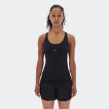 Musculosa deportiva negra para mujer, con escote redondo al frente y espalda tipo racerback con tirantes cruzados. Presenta un logo Vector reflectante en el pecho.