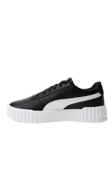 Championes Puma Carina 3.0, modelo deportivo para mujer en color blanco con franja lateral negra y suela de plataforma texturizada.