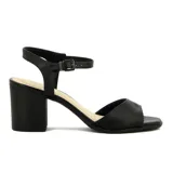 Sandalias de tacón medio cuadrado, color dorado, con tira ancha en el empeine y pulsera ajustable al tobillo con hebilla metálica.