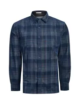 Camisa de cotelé azul de manga larga con estampado de cuadros escoceses, cuello camisero, cierre frontal con botones y dos bolsillos en el pecho.