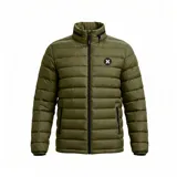 Campera puffer Hurley color verde oliva, con cierre frontal, cuello alto y bolsillos laterales con cierre. Presenta logo de la marca en el pecho.