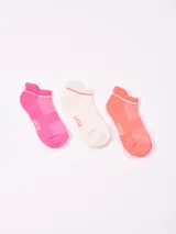 Pack de tres pares de soquetes tobilleros en colores rosa, blanco y naranja, con detalle de una línea horizontal en el borde superior.