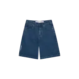 Short de denim azul oscuro, de corte recto y holgado, con bolsillos laterales y trabillas para cinto.
