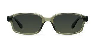 Lentes de sol modelo Kya, de montura rectangular gruesa en color verde oliva y lentes polarizadas en tono verde oscuro.