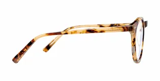 Lentes con armazón redondo de acetato carey claro y protección contra luz azul.