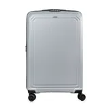 Valija grande plateada de policarbonato, con candado TSA, cuatro ruedas y compartimento interno con cierre.