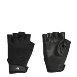 Guantes deportivos Adidas sin dedos, diseñados para entrenamiento. Presentan una estructura de malla transpirable en el dorso y una palma texturizada para mayor agarre, con cierre de velcro ajustable en la muñeca que incluye el logo de la marca.