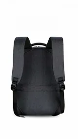 Mochila gris oscura con doble bolsillo frontal con cierre, compartimento para laptop, puerto USB externo y asa de mano lateral y superior.