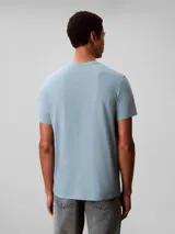 Remera Calvin Klein de color celeste, confeccionada en punto de algodón regenerativo, con cuello redondo, manga corta y corte regular. Presenta un estampado gráfico frontal con el logotipo de la marca en tonos blancos y un bloque rojo.