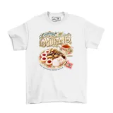 Remera blanca de manga corta, confeccionada en algodón, con estampa frontal ilustrada estilo vintage de la "Confitería Murano" con galletas, té y detalles florales.