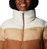 Campera puffer Columbia modelo Puffect II con diseño colorblock en tonos marrones y crema. Cuenta con cuello alto, cierre frontal completo, bolsillos laterales con cremallera y puños elásticos. Confeccionada con aislamiento térmico Thermarator y tecnología repelente al agua.