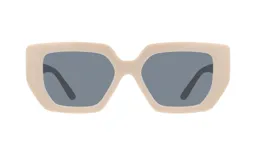 Lentes de sol con montura cuadrada color crema y lentes grises.