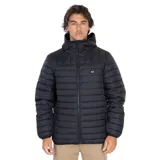Campera puffer negra con capucha, cierre frontal con cremallera y logo de la marca en el pecho. Resistente al agua.