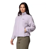 Campera de polar Columbia modelo Benton Springs, color lila, con cuello alto, cierre frontal completo y bolsillos laterales con cremallera. Presenta puños elásticos y dobladillo ajustable con ceñidor.