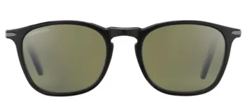 Lentes de sol Serengeti modelo Delio, con armazón de acetato negro de forma redondeada y cristales polarizados en tono verdoso.