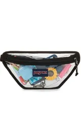 Riñonera transparente con bordes y cierre en color lila. Cuenta con el logo de la marca JanSport en el frente.