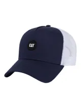 Gorro tipo trucker azul marino con parte trasera de red blanca, visera curva y parche circular con el logo de Cat en el frente.