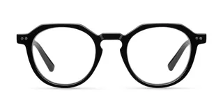 Lentes con protección de luz azul y UV400, con montura geométrica de color negro fabricada en material bio-based.