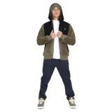 Canguro con capucha y cierre completo confeccionado en sherpa 100% poliéster. Diseño en bloques de color verde oliva y negro.