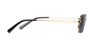 Lentes de sol geométricos con montura dorada de acero inoxidable y lentes polarizadas negras con protección UV400.