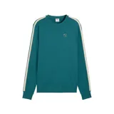 Buzo de cuello redondo Puma, color verde azulado, con bandas laterales en color crema en las mangas y logo de la marca bordado en el pecho.
