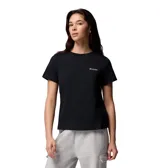 Remera negra de manga corta para mujer, confeccionada en algodón orgánico suave, con cuello redondo y pequeño logo de Columbia impreso en el pecho.