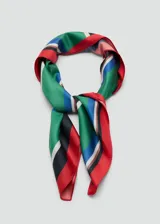 Pañuelo cuadrado de poliéster con diseño de rayas verticales multicolor y bordes en tono rojo.