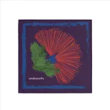 Pañuelo cuadrado de seda color violeta con borde azul y estampado de flor de plumerillo roja y verde.