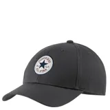 Gorra de béisbol Converse color negro, con visera curva y parche circular con el logo clásico de Chuck Taylor All Star en el frente.