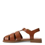 Sandalias franciscanas de cuero negro con tiras cruzadas, suela plana y hebilla metálica dorada lateral.