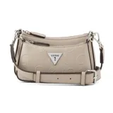 Cartera bandolera Guess modelo Holly, de diseño multicapa en color gris topo con grabado de monograma en relieve y herrajes plateados. Incluye correa ajustable con hebilla y el logo triangular distintivo de la marca en el frente.
