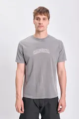 Remera gris de manga corta con estampa frontal con la palabra 'California' en tipografía varsity.