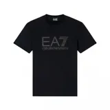 Remera de manga corta, cuello redondo y color negro, con el logo EA7 Emporio Armani estampado en tono gris oscuro en el centro del pecho.