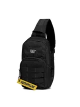 Bolso tipo sling bag de la marca Cat, color azul con estampado geométrico sutil. Cuenta con un compartimento principal con cierre, bolsillo frontal con cremallera, bolsillos laterales de red y correa ajustable para llevar al hombro.