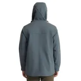 Campera azul con capucha, cierre frontal con botones a presión, múltiples bolsillos y logo bordado en el pecho.