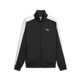 Campera deportiva Puma modelo ESS T7, color negro con franjas blancas en las mangas. Presenta cuello alto, cierre frontal completo y logo de la marca bordado en el pecho.