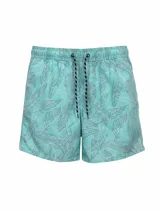 Short de baño turquesa con estampado de hojas en tonos grises, cintura elástica con cordón ajustable bicolor y suspensor interior.